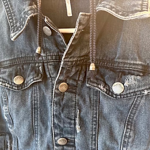 FP Distressed Denim Hooded Jacket with Knit Sleeves - X-Small (EUC) - Picture 3 of 12